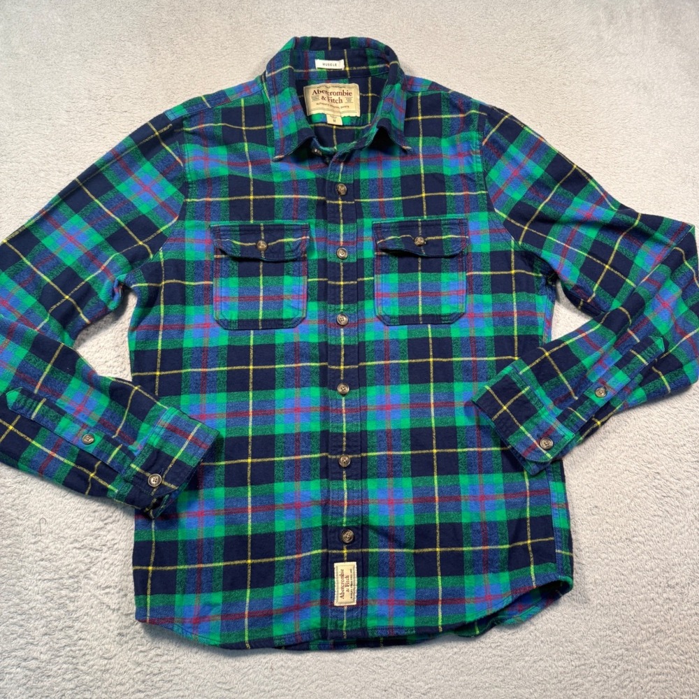 Vintage Y2K Abercrombie & Fitch Flannel Shirt Men's M Blue Green Muscle Plaid